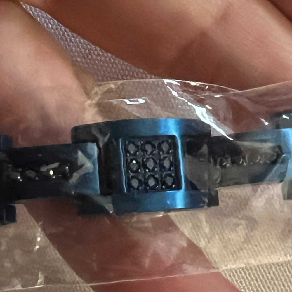 Blackjack Men's Bracelet Blue Stainless Steel & Black Cubic Zirconia Link RARE